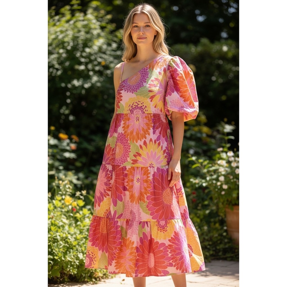 J. Marie Womens Size Medium One Shoulder Floral A-Line Summer Midi Dress NWT‎
